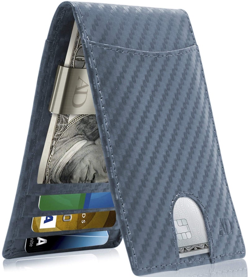 Access Denied Leather Carbon Fiber Wallets For Men - Navy Blue Money Clip Bifold Mens Wallet RFID Front Pocket Thin Credit Card Holder - Gifts For Men - Image 1